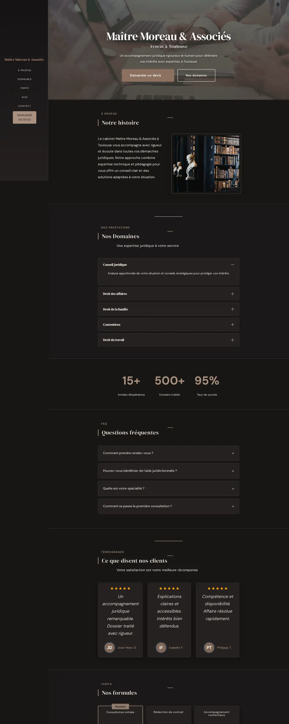 Capture d'écran du site Maître Moreau & Associés, design professionnel à navigation latérale, fond sombre sobre et grille classique.