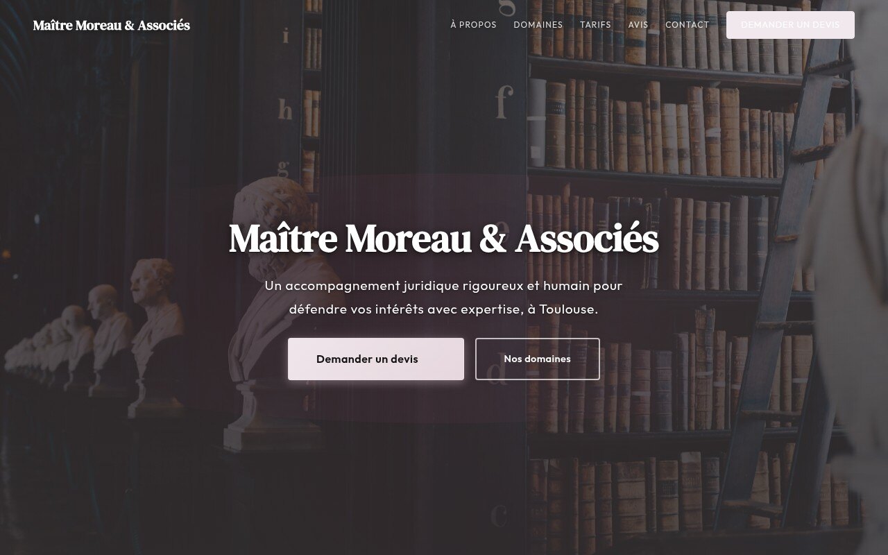 Capture d'écran du site Maître Moreau & Associés, design éditorial avec mise en page magazine, tons froids et typographie classique