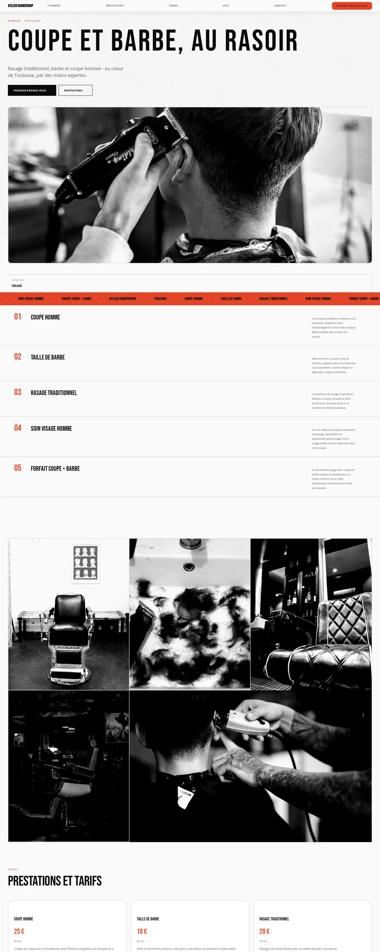 Capture d'écran du site Atelier Barbershop, design audacieux sur fond sombre, accents vermillon et typographie massive