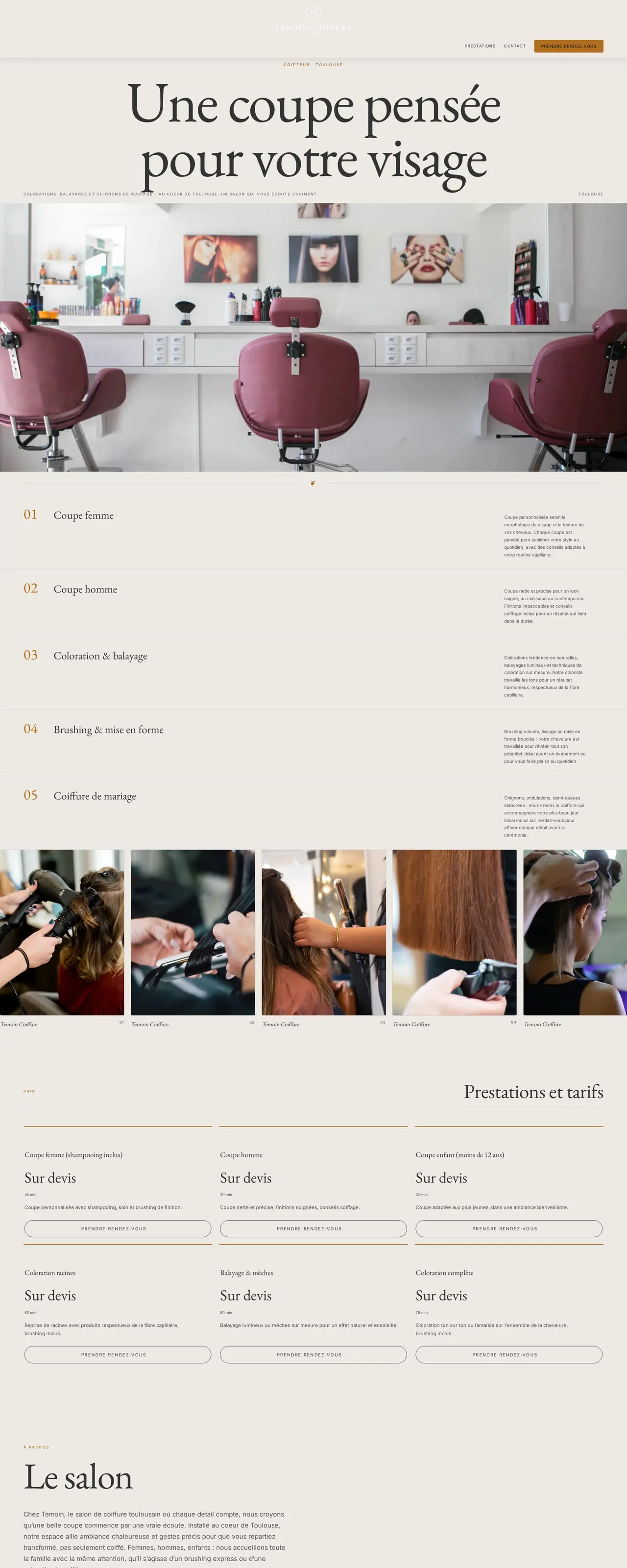 Capture d'écran du site Temoin Coiffure, vrai site en ligne, design signature épuré, monogramme centré et large respiration.